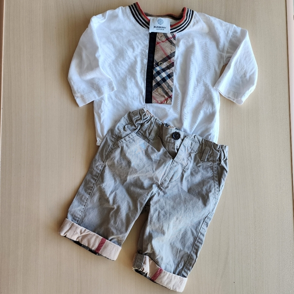 Burberry Kids White Shirt and Gray Shorts Set